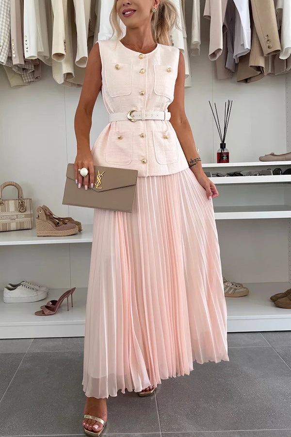 Elegant Vest Mesh Pleated Skirt Two-Piece Set