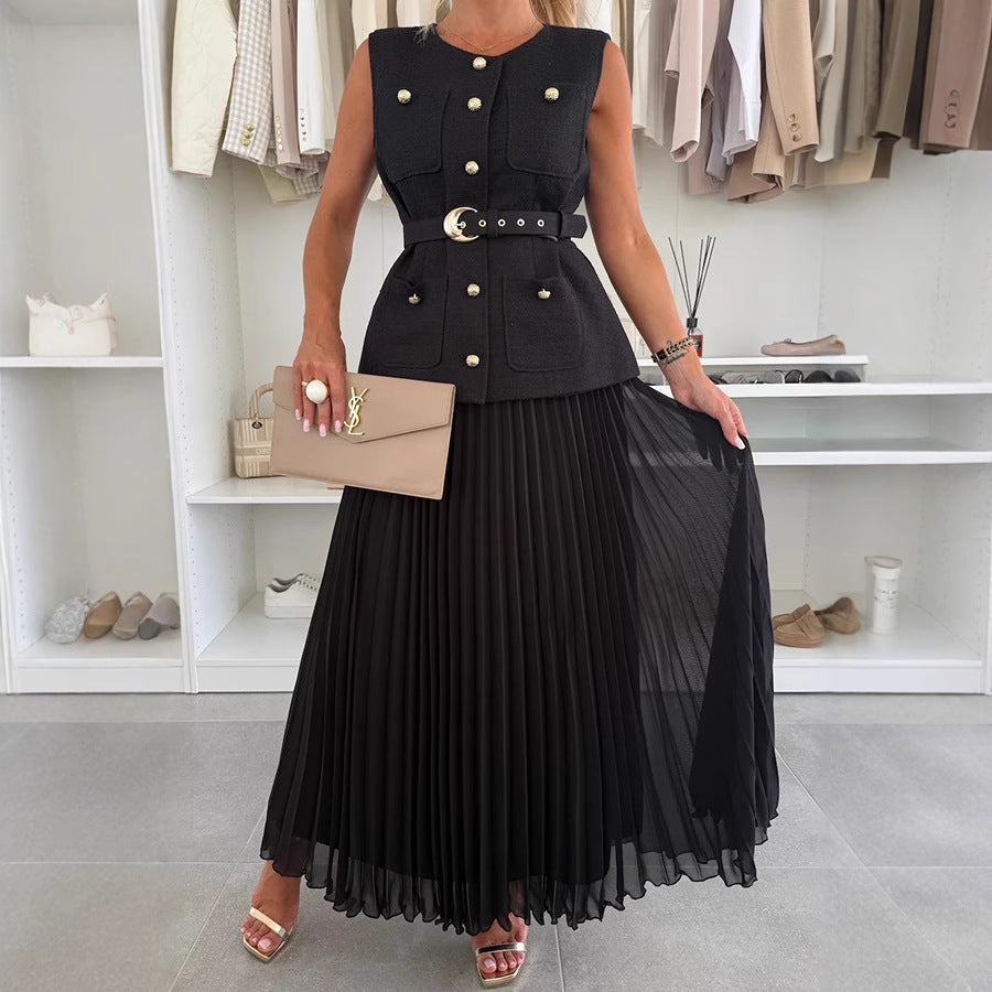 Elegant Vest Mesh Pleated Skirt Two-Piece Set
