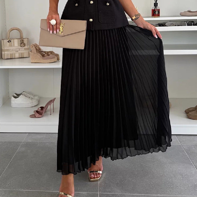 Elegant Vest Mesh Pleated Skirt Two-Piece Set
