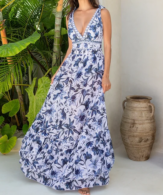 V Neck Lace Up Printed One Piece Swimsuit and Skirt