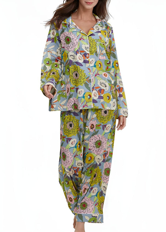Green Printed Silk Pajama Set