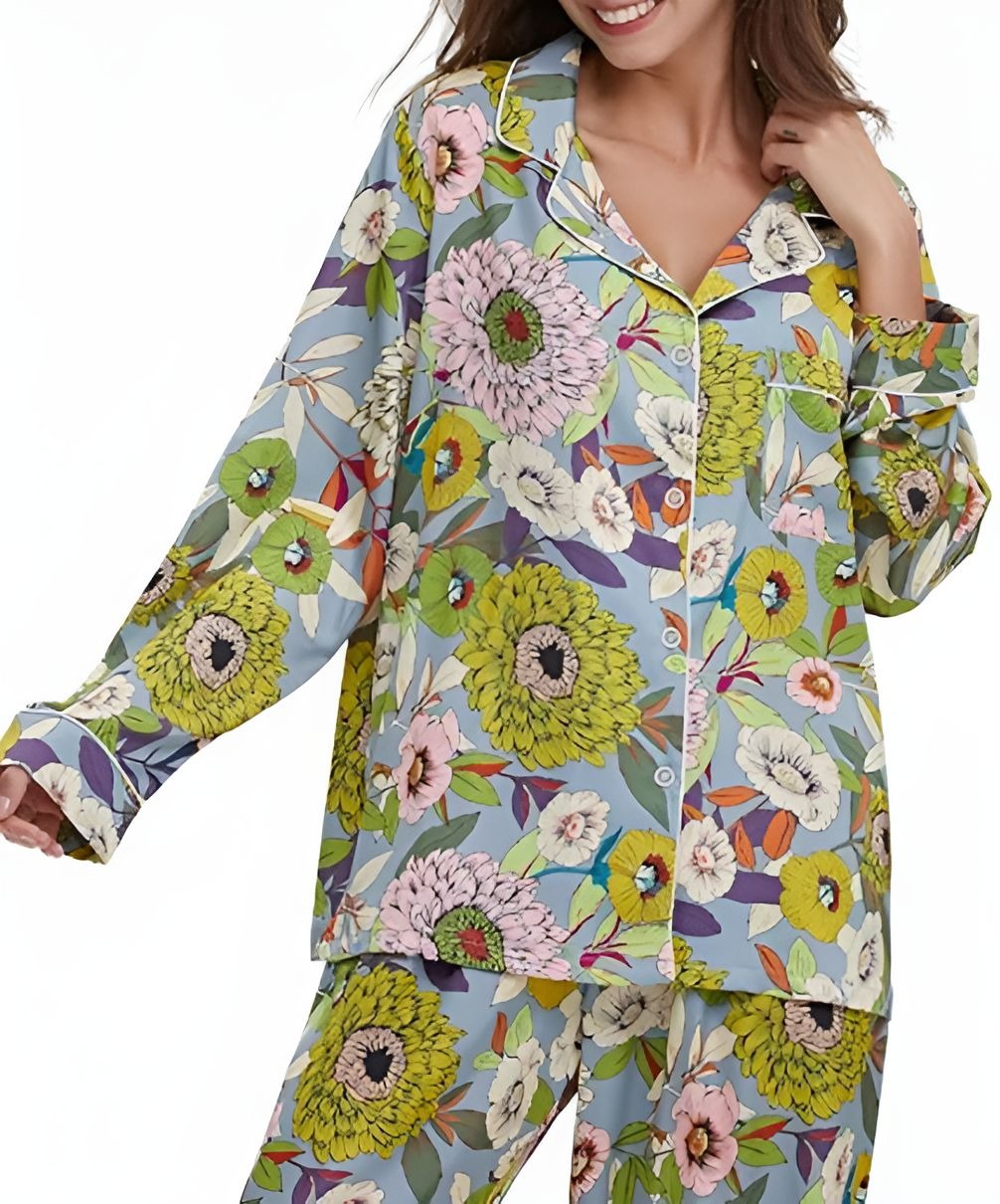 Green Printed Silk Pajama Set