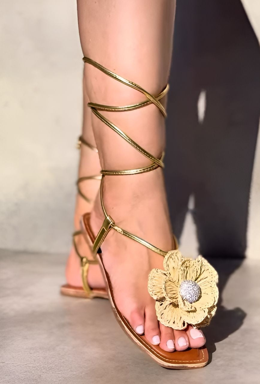 Woven Flower Lace-Up Sandals