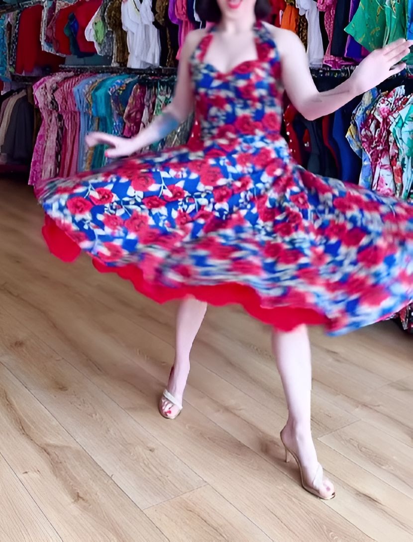 Retro Halterneck Circle Dress Navy Red Roses
