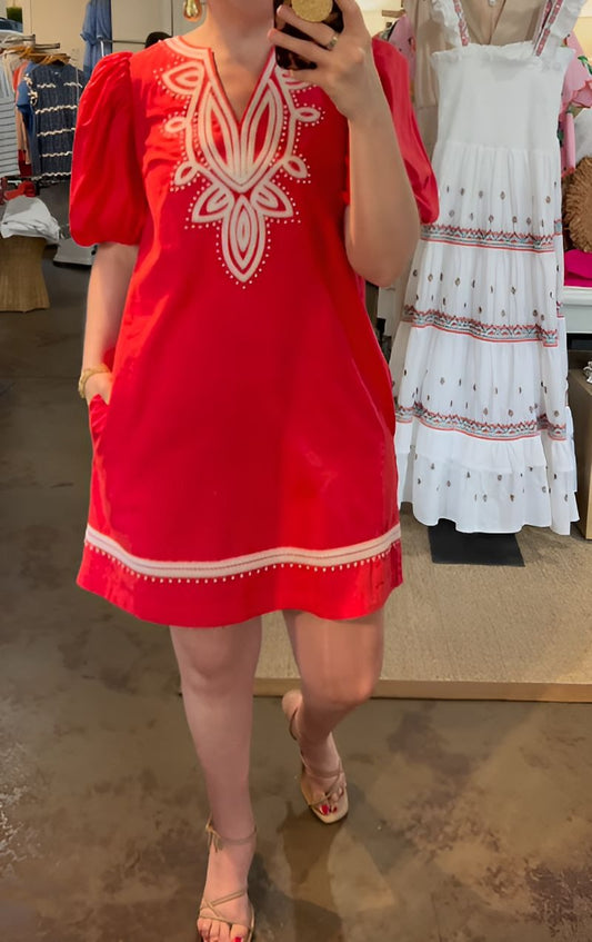 Red V-neck Short Dress