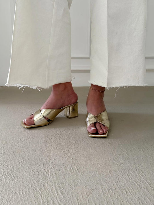 Gold Soft Leather Block Heel Sandals