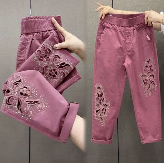 Flower Cutout Rhinestone Ankle Pants