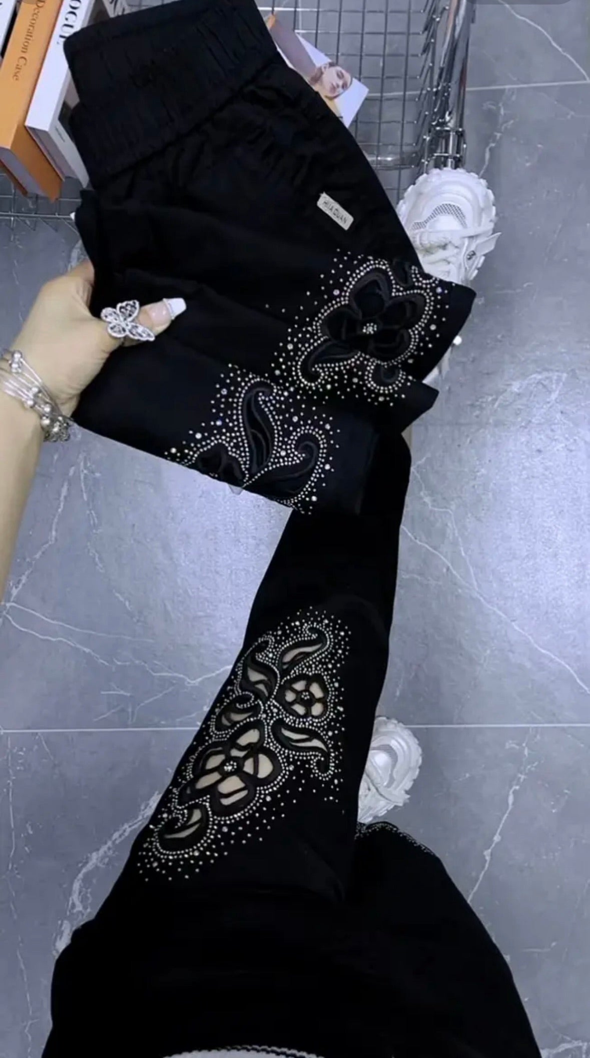 Flower Cutout Rhinestone Ankle Pants