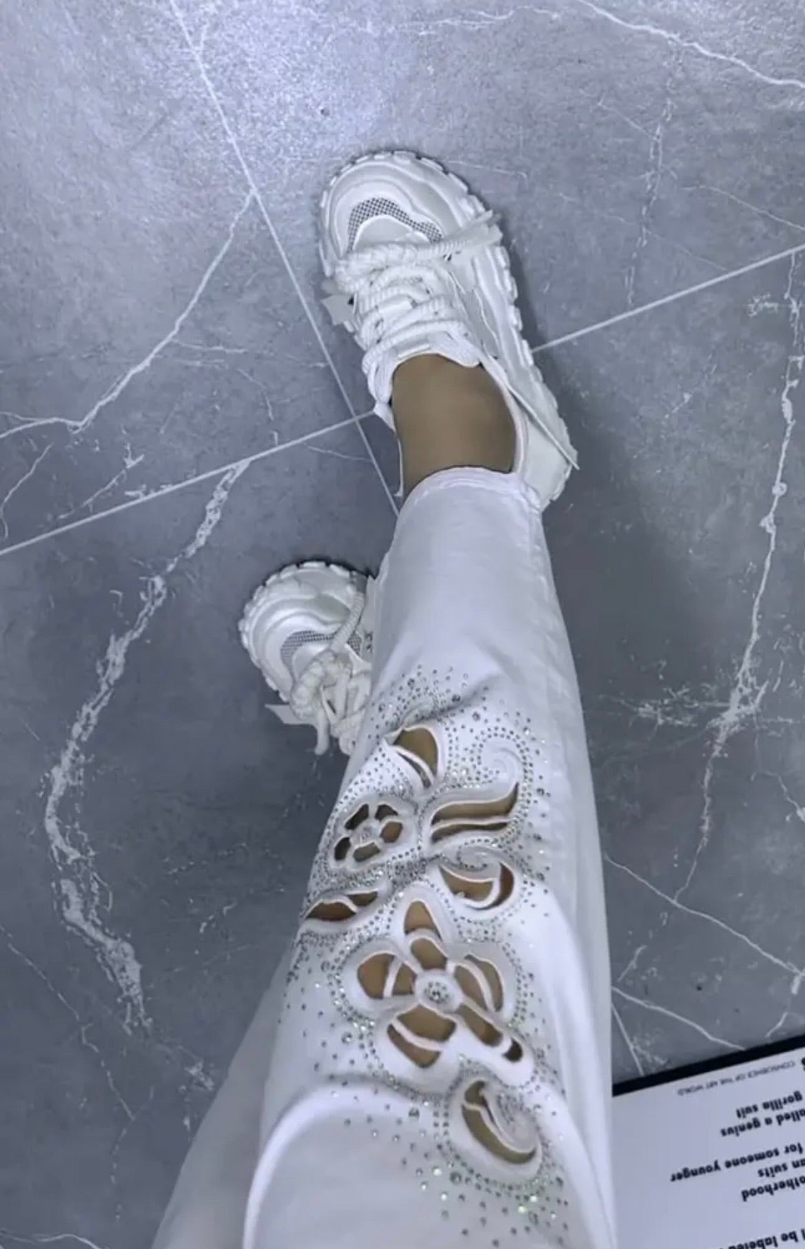 Flower Cutout Rhinestone Ankle Pants