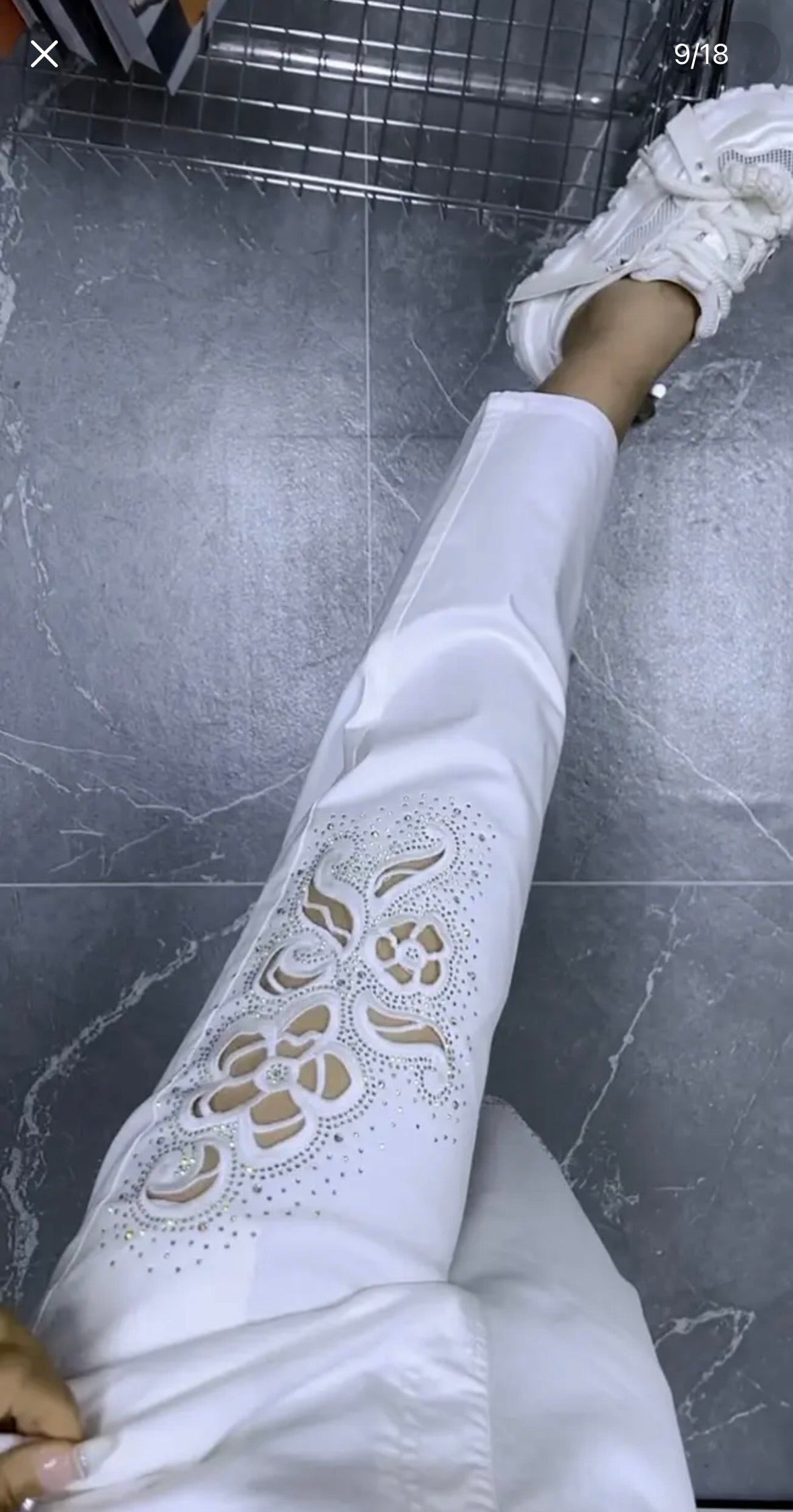Flower Cutout Rhinestone Ankle Pants