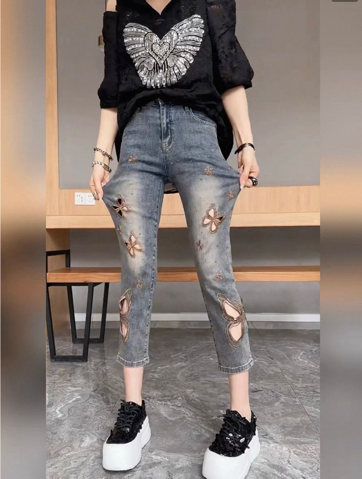 Butterfly Rhinestone Cutout Jeans