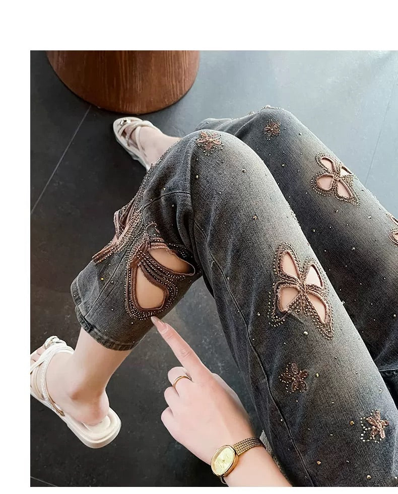 Butterfly Rhinestone Cutout Jeans