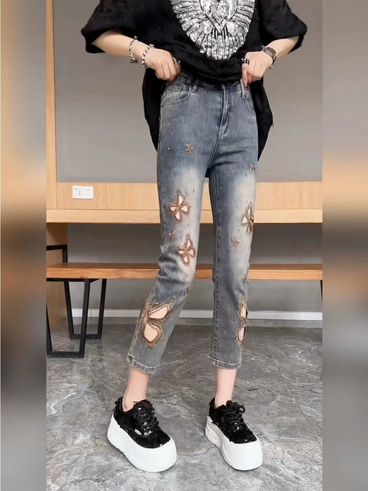 Butterfly Rhinestone Cutout Jeans