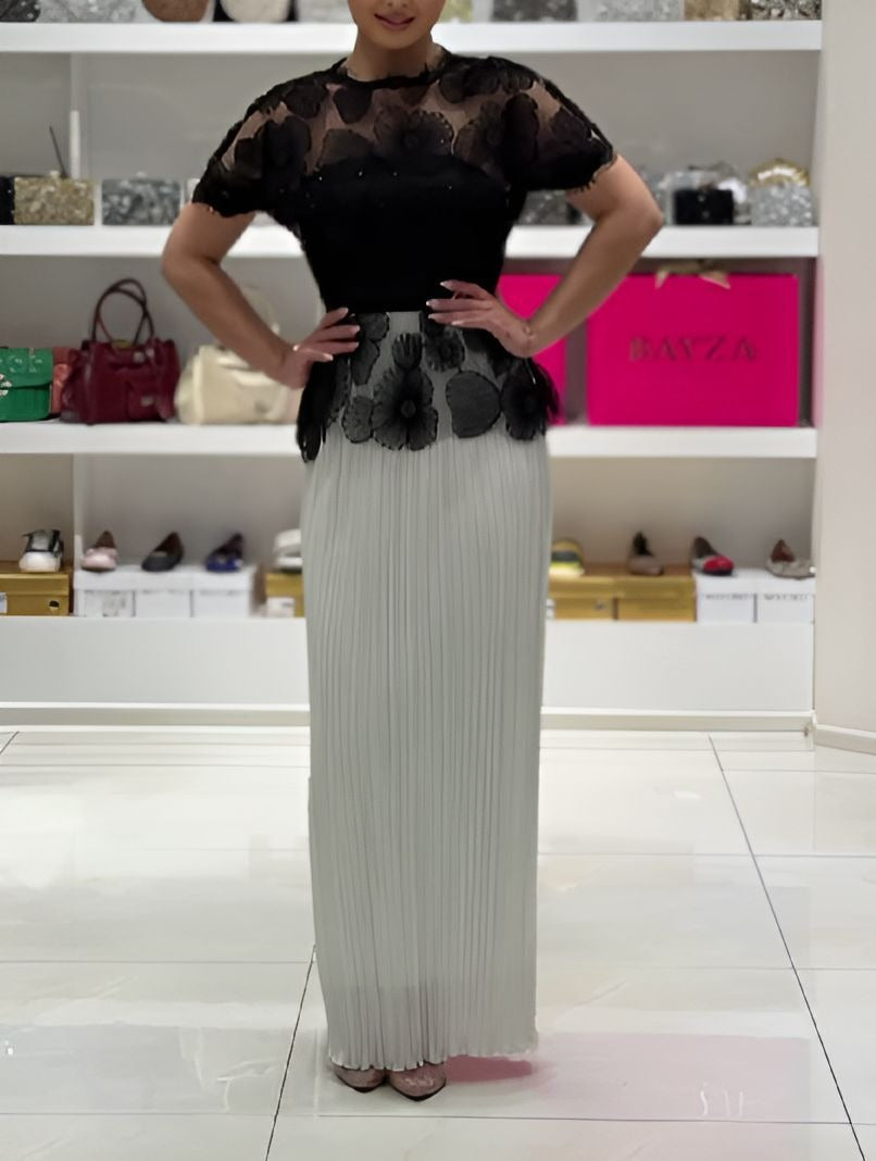 Black Floral Lace Mock-Two-Piece Dress