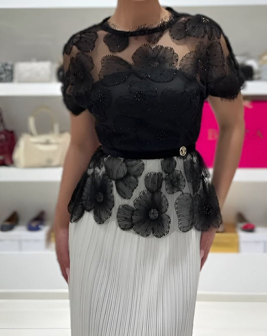 Black Floral Lace Mock-Two-Piece Dress