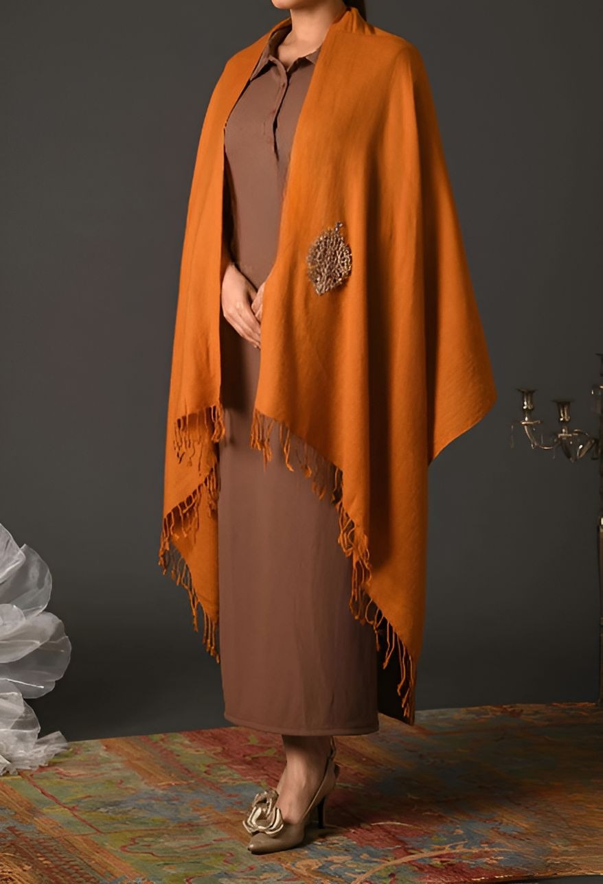 Orange Wrap with Gold Brooch