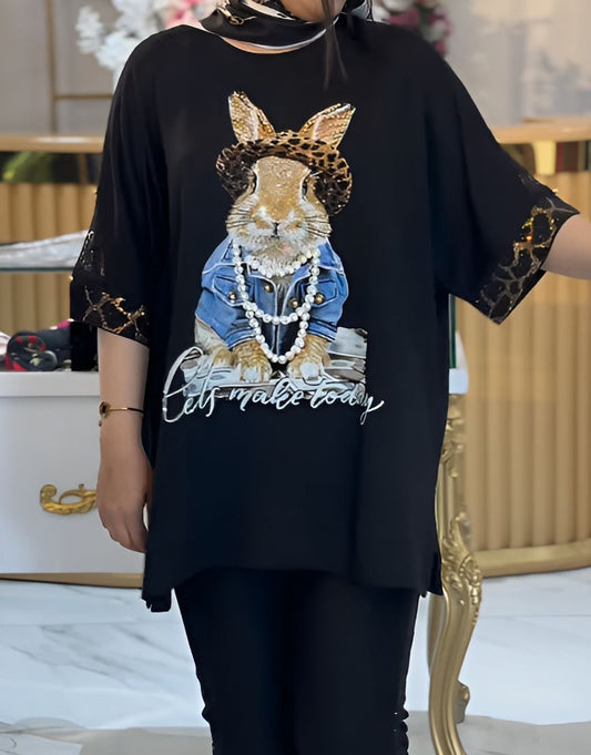 Sequin Pearl Rabbit Short Sleeve Top