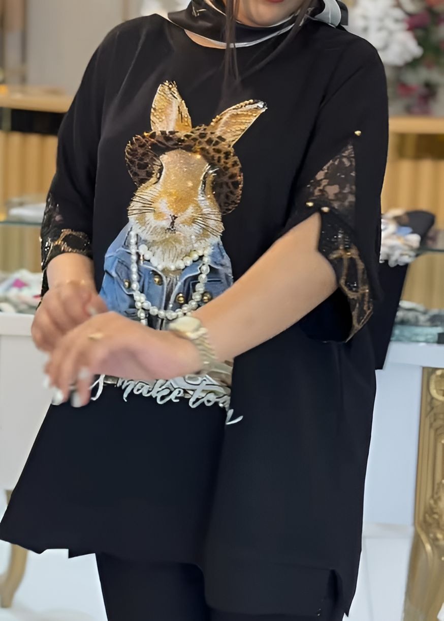 Sequin Pearl Rabbit Short Sleeve Top