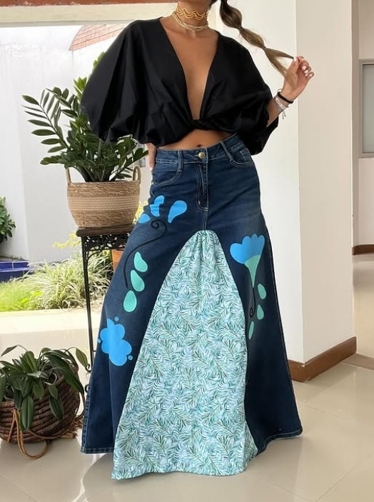 Printed Panel Denim Skirt