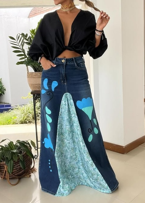 Printed Panel Denim Skirt