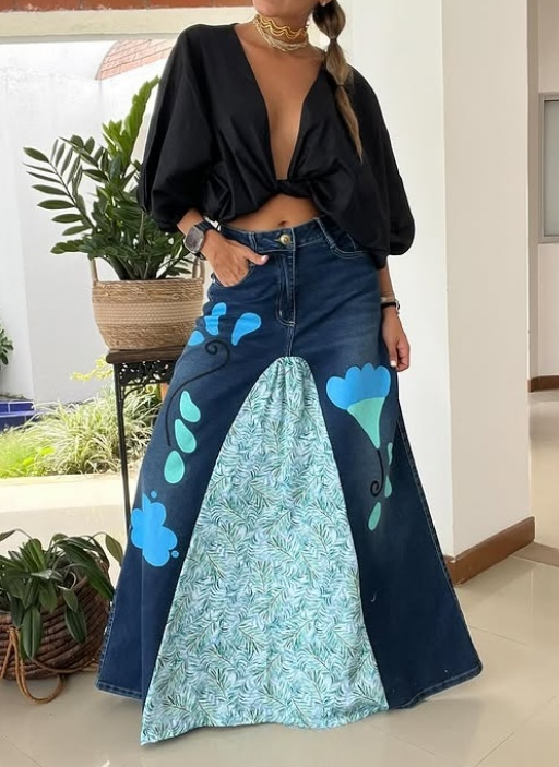 Printed Panel Denim Skirt