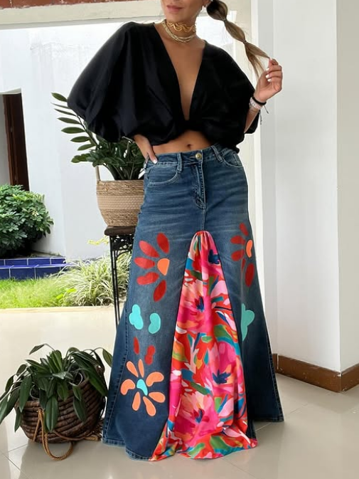 Printed Panel Denim Skirt