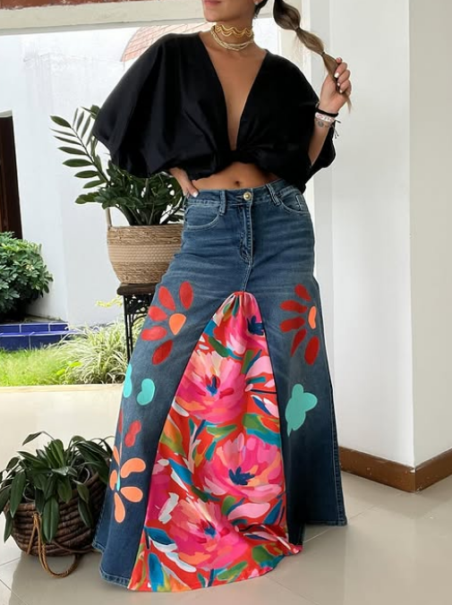Printed Panel Denim Skirt