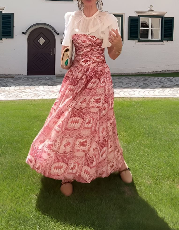 Red Printed Dress With Ruffled Collar