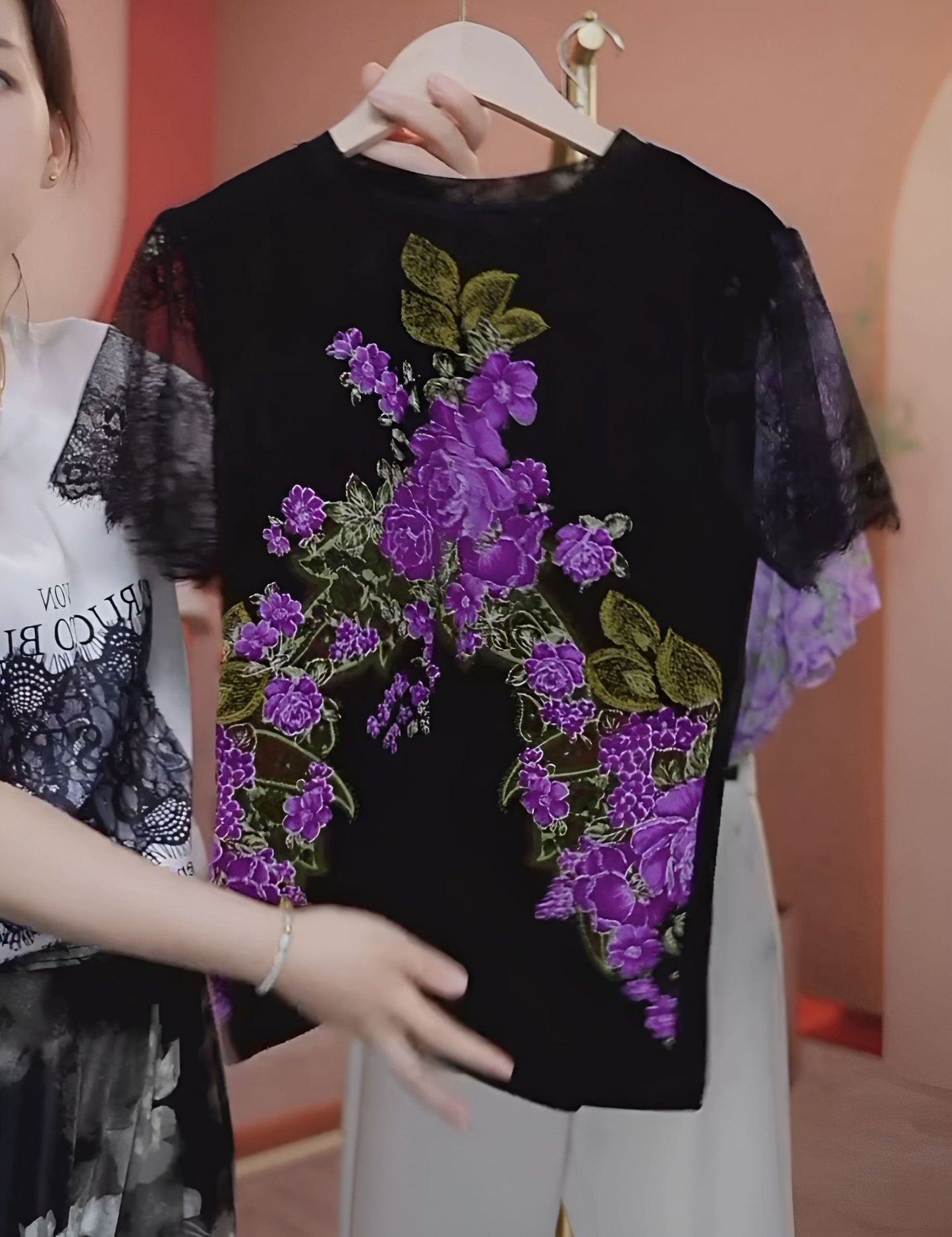 Purple Flower Print Short Sleeve Top