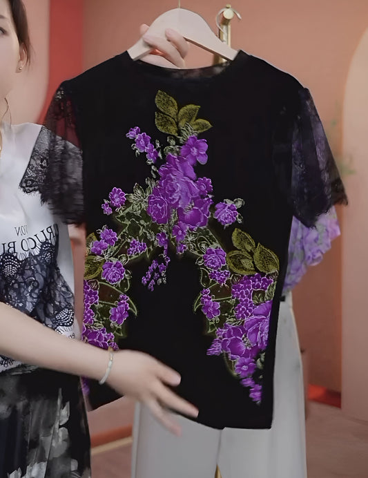 Purple Flower Print Short Sleeve Top