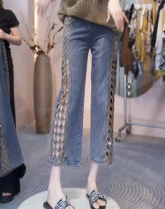Summer Diamond Grid Fashion Rhinestone Hollow-Out Jeans