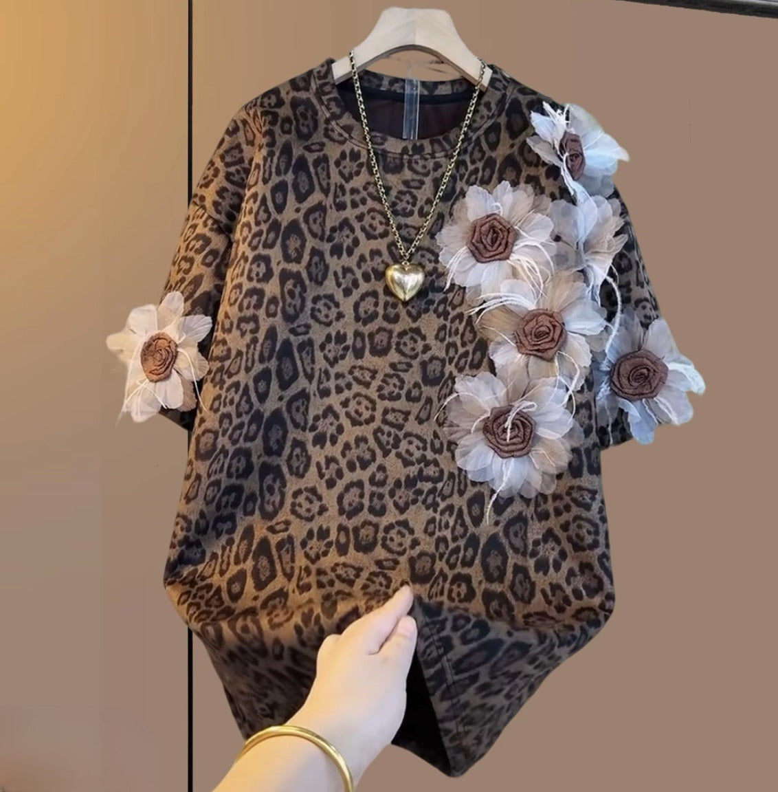 Leopard Print 3D Flower Short Sleeves