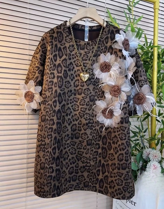 Leopard Print 3D Flower Short Sleeves