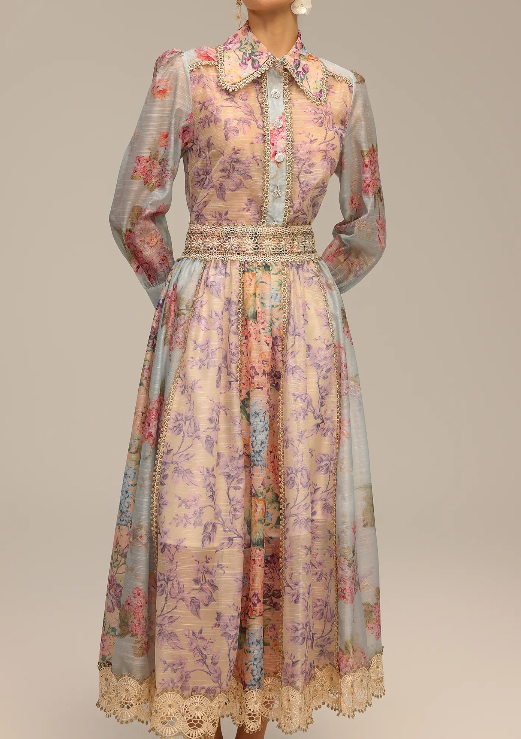 Long Sleeve Floral Printed Lace Top And Skirt Two-Piece Set