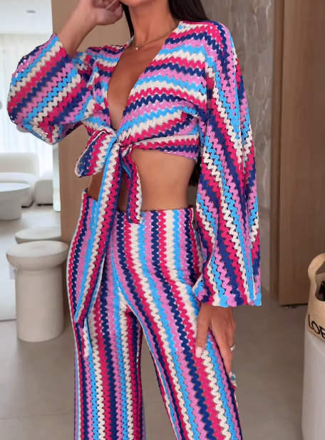 Beach Vacation Knit Two-Piece Set (Long-Sleeve Top & Pants)