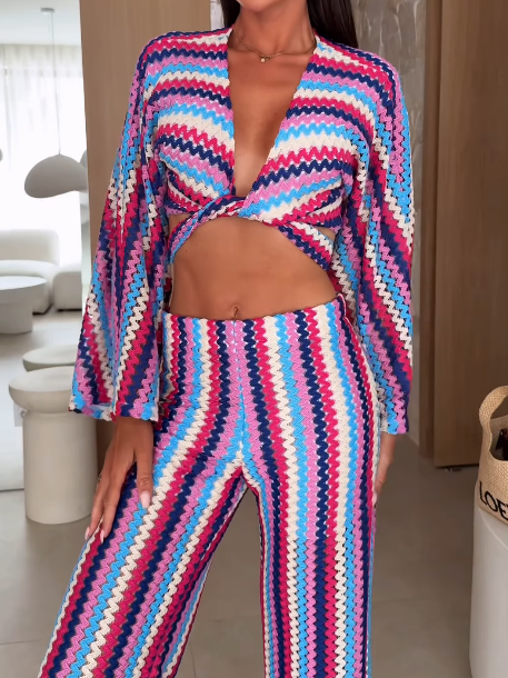Beach Vacation Knit Two-Piece Set (Long-Sleeve Top & Pants)