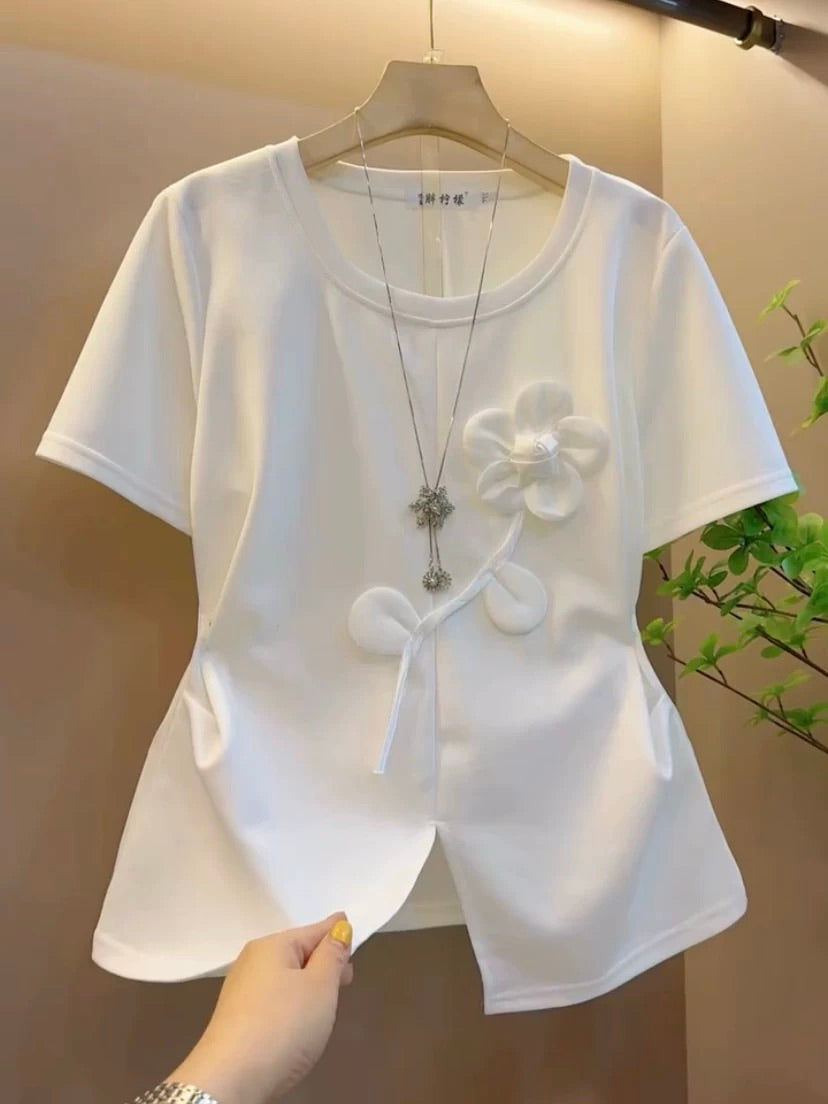 Solid Color 3D Flower T-shirt