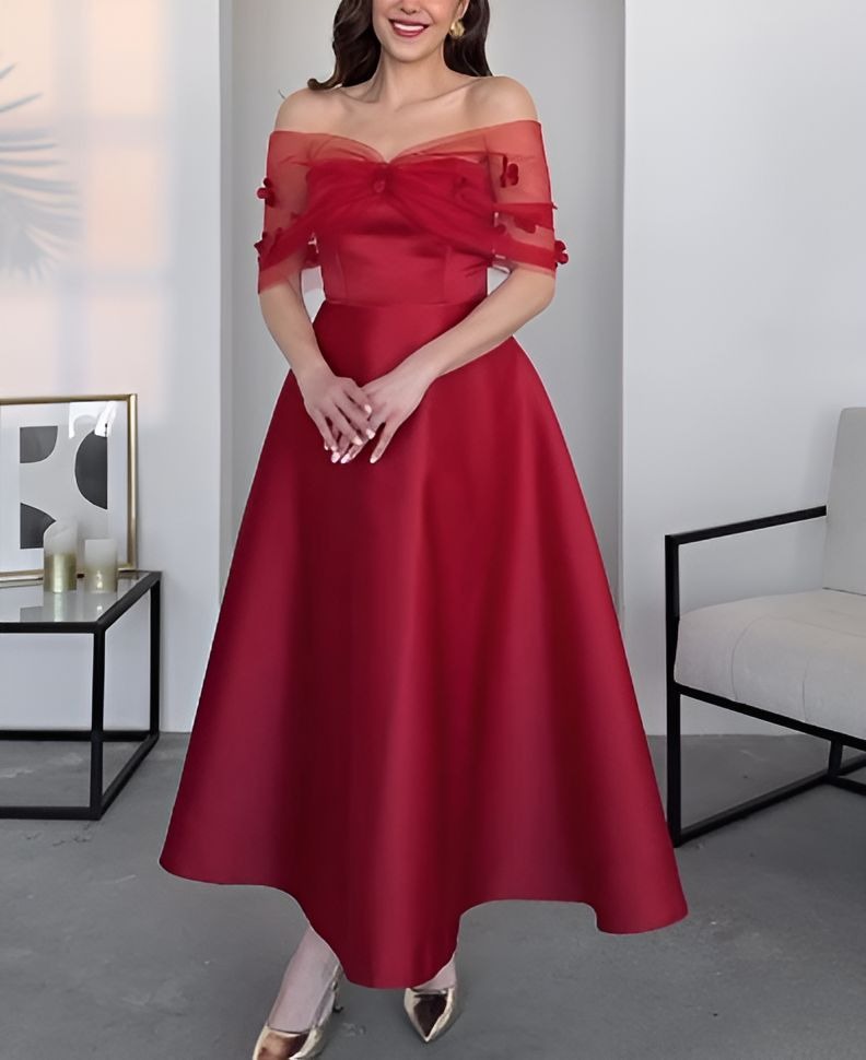 Red Elegant Mesh Off-Shoulder Dress