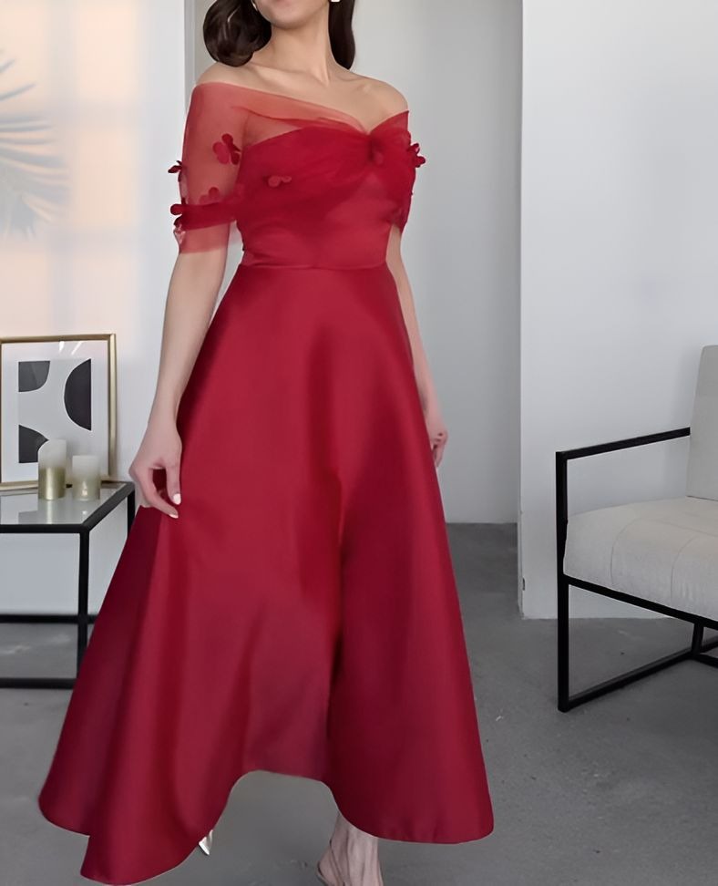 Red Elegant Mesh Off-Shoulder Dress