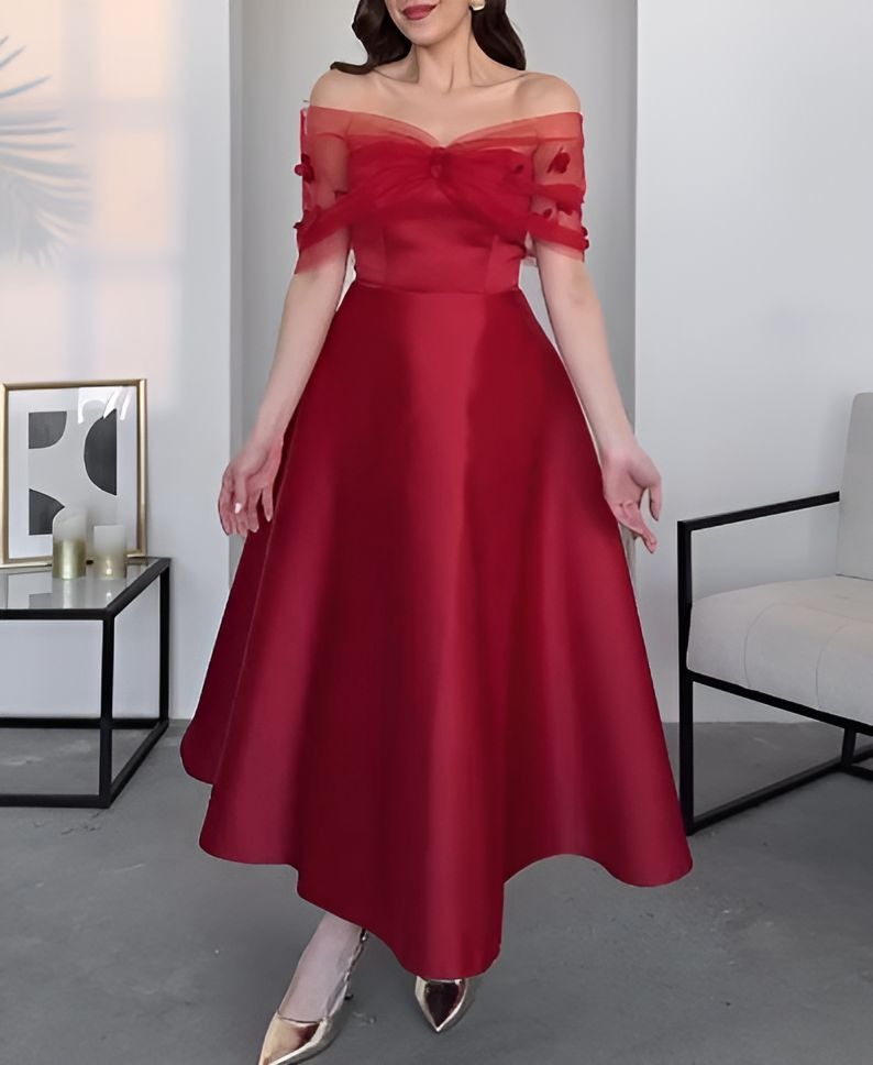 Red Elegant Mesh Off-Shoulder Dress
