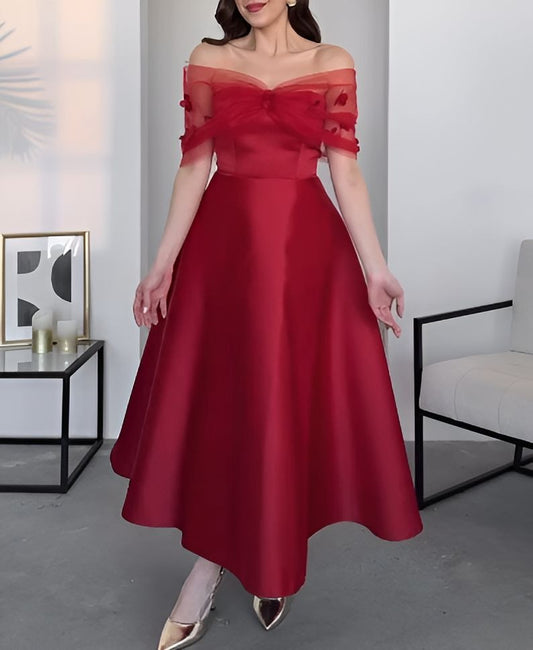 Red Elegant Mesh Off-Shoulder Dress