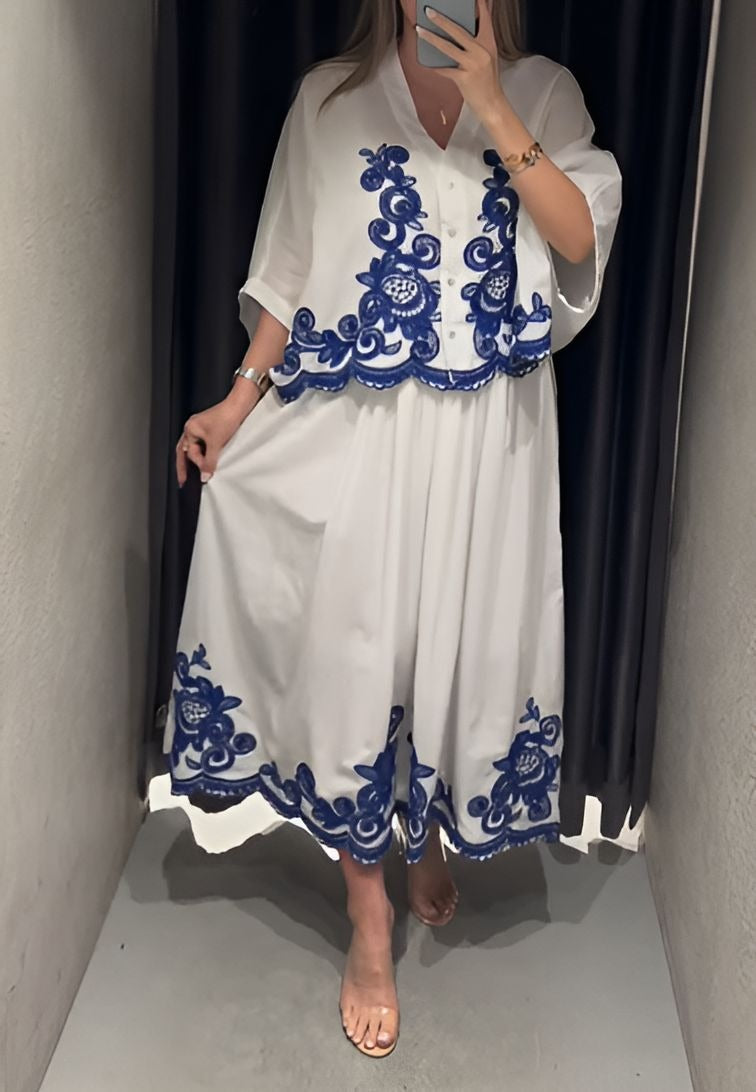 Blue Embroidered Print Skirt Suit
