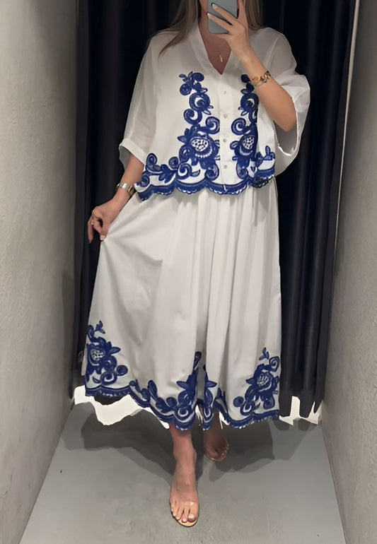 Blue Embroidered Print Skirt Suit
