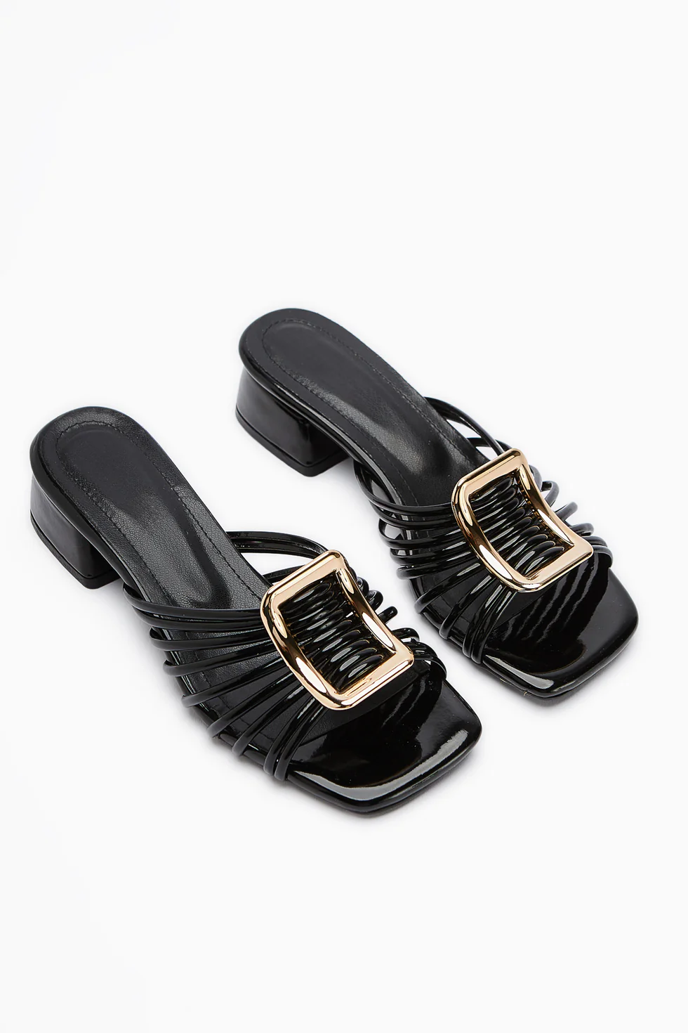 Black Patent Leather Thick Buckled Low Heeled Women Sandals