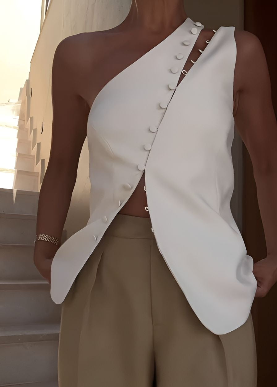 Button-Detailed Minimalist One-Shoulder Vest Top