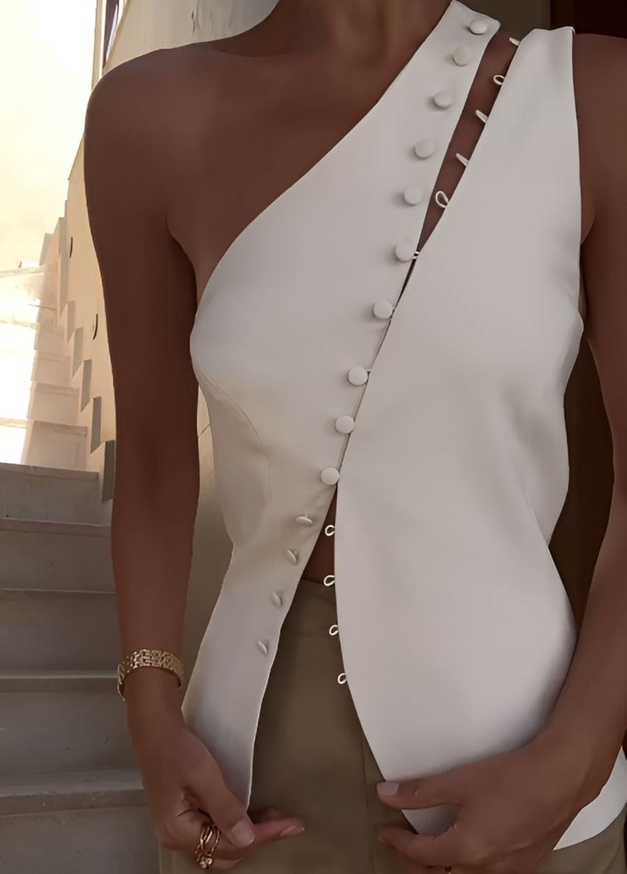 Button-Detailed Minimalist One-Shoulder Vest Top