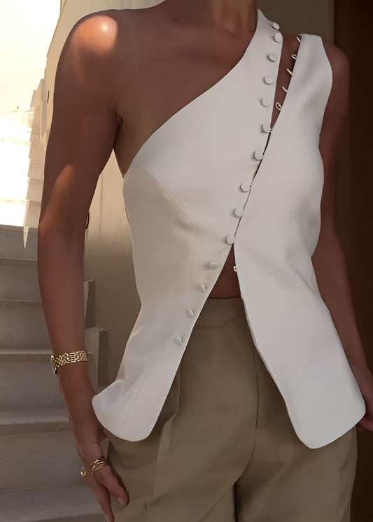 Button-Detailed Minimalist One-Shoulder Vest Top