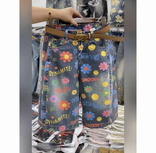 Summer Floral Print Short Jeans