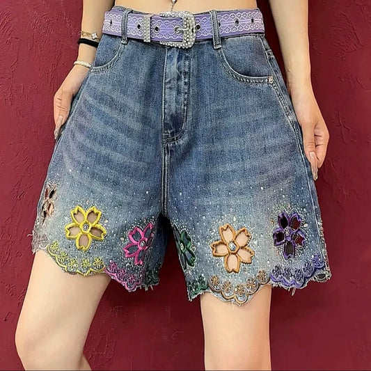 Colorful Floral Cut-Out Denim Shorts