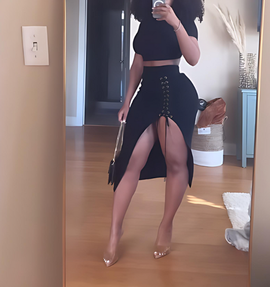 Black High Waist Slit Tie Skirt